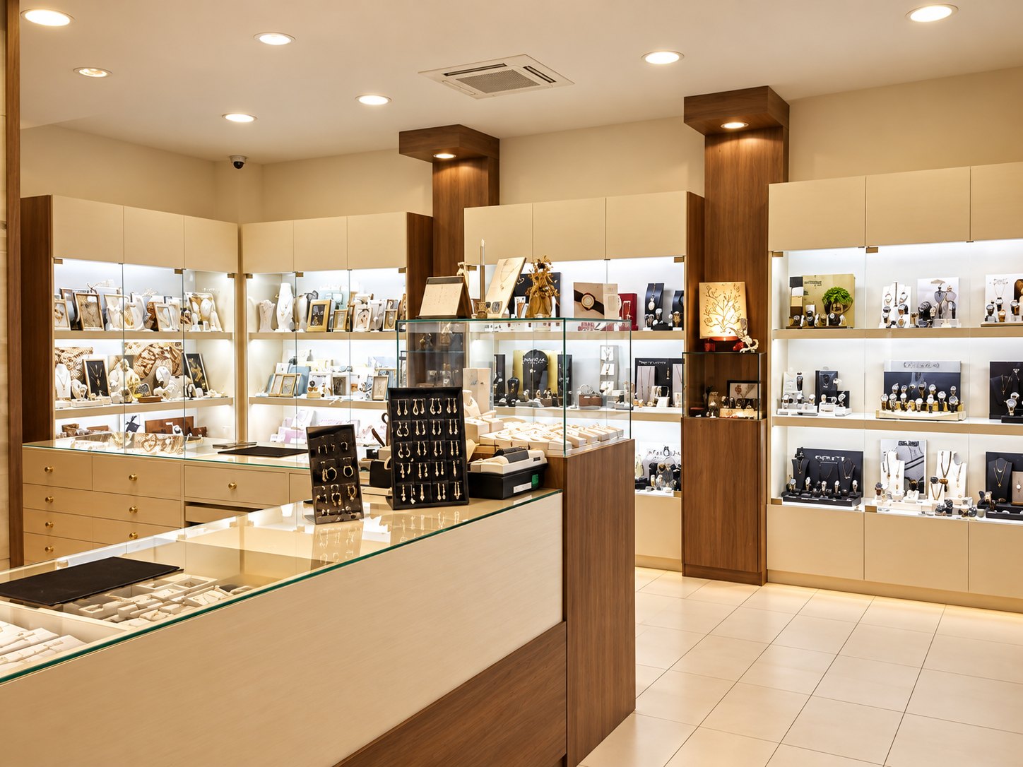 Interno della boutique B&G Gioielli con espositori di gioielli e orologi